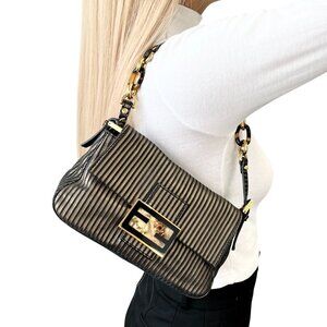 FENDI Vintage FF Logo Striped Mamma Baguette Shoulder Bag Pochette Gold [106045]